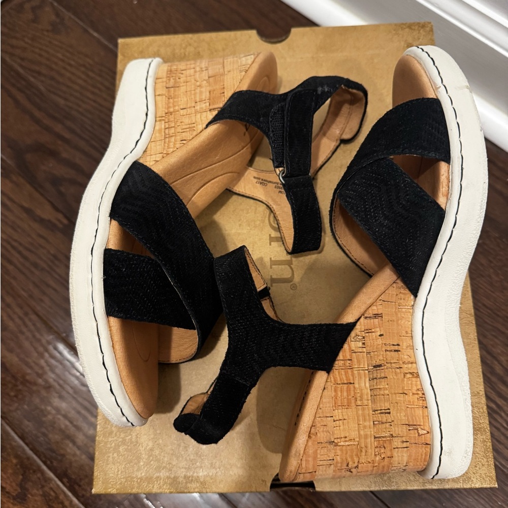 Labor Weekend Sale! Born Black Suede Crisscross Wedge Sandals